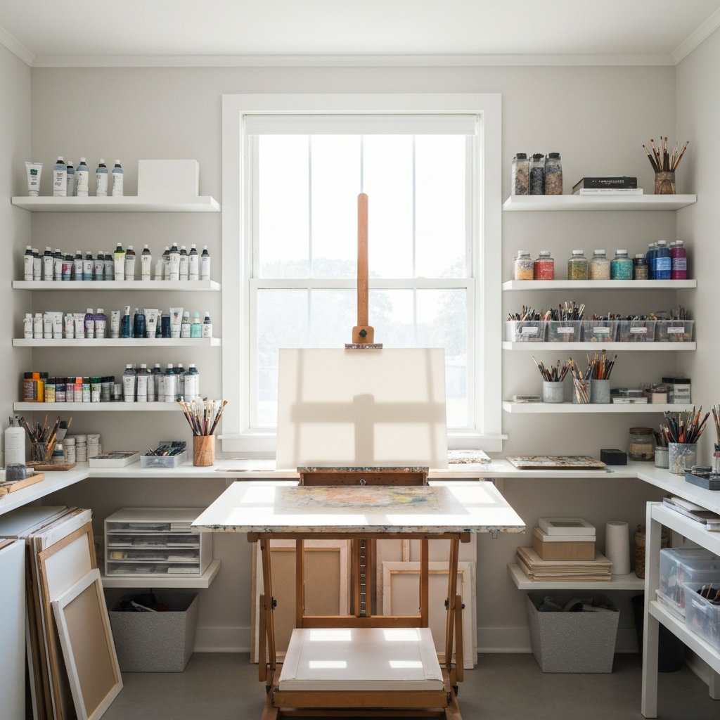 A dedicated art studio with organized shelves of art supplies, a comfortable easel, and natural light filtering through a window. The space is clean and inviting, promoting a sense of focus and creativity.