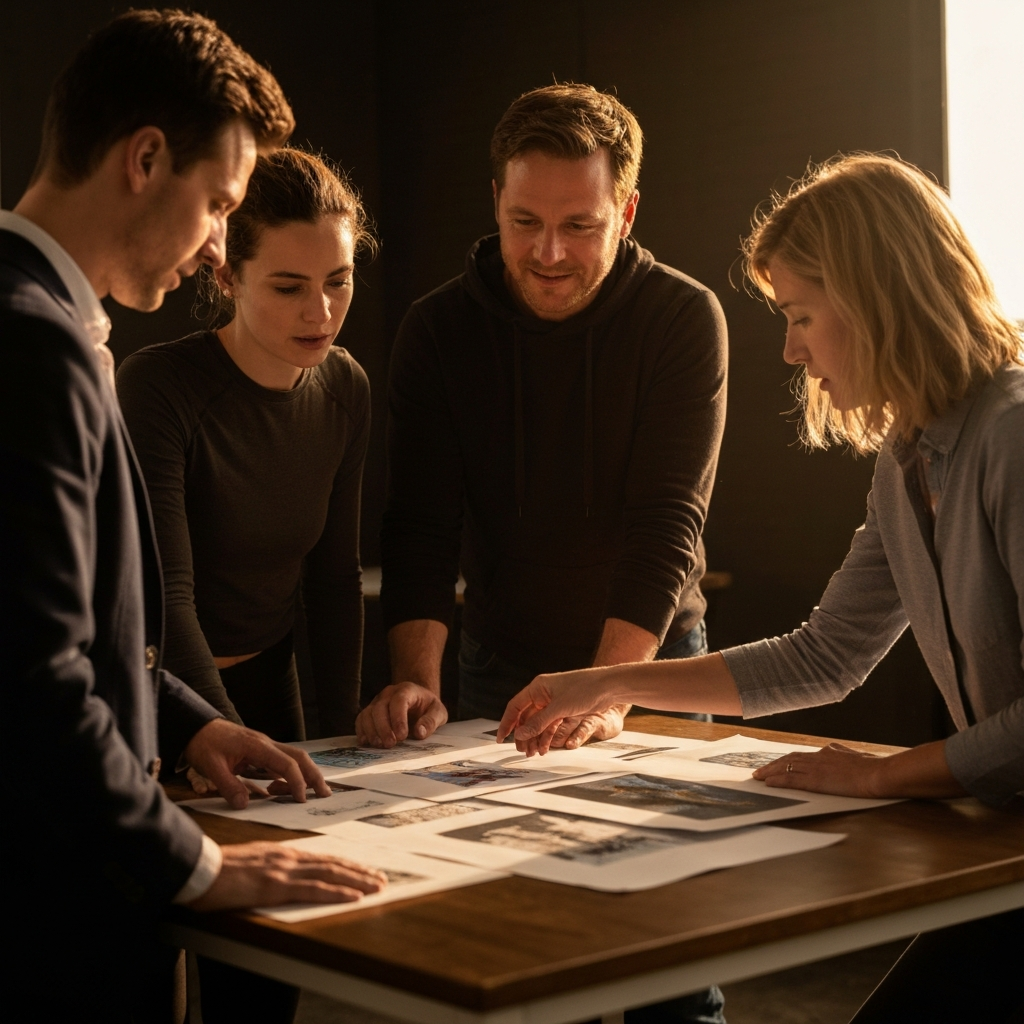 A small group of people gathered around a table, looking at artwork spread out on the surface. They are engaged in a thoughtful conversation, offering supportive feedback to the artist.