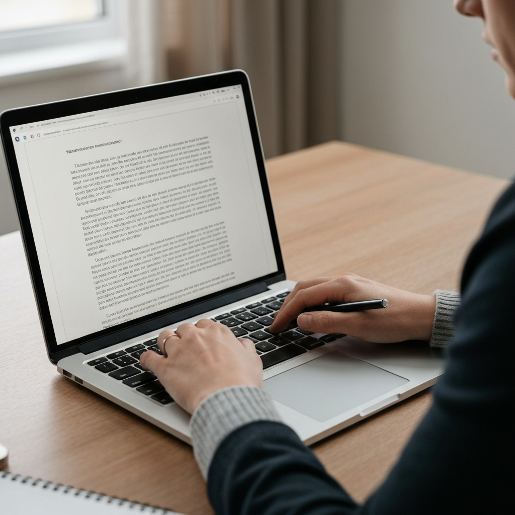 A close-up shot of a writer's hands typing on a laptop. The screen displays a document with multiple paragraphs of text. The lighting is natural and soft, highlighting the textures of the laptop and hands.