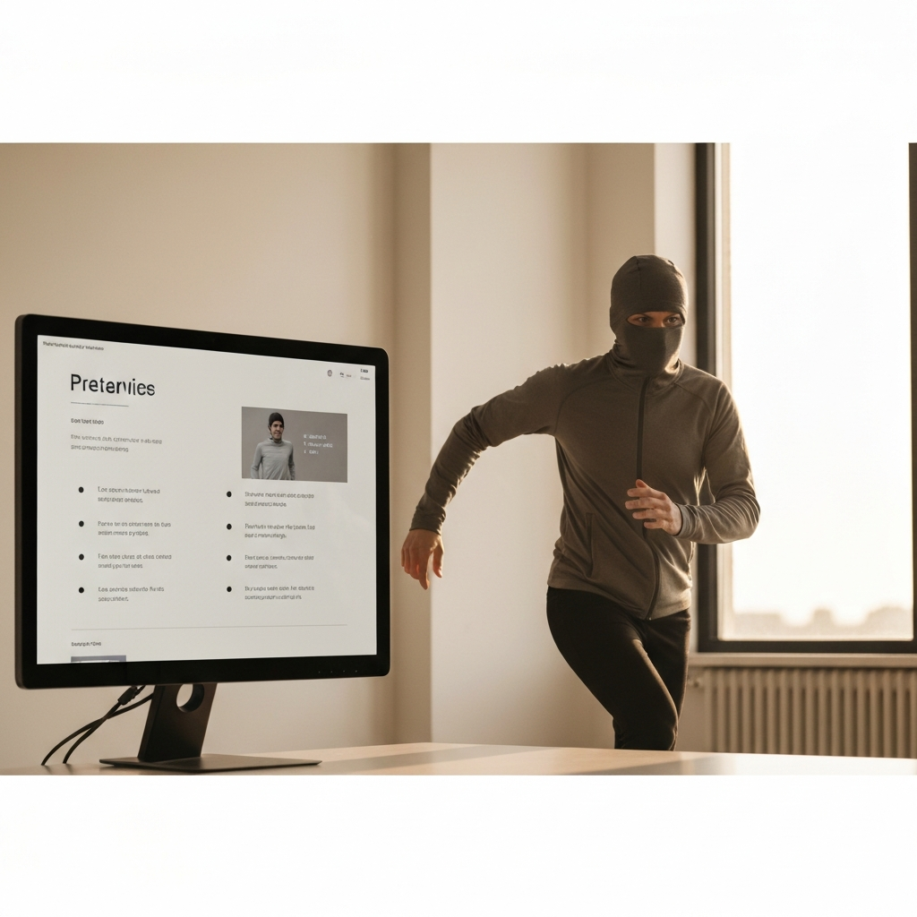 A minimalist office interior. A sleek monitor displays a presentation slide with bullet points and clear headings. The lighting is bright and professional, creating a clean and modern aesthetic.
