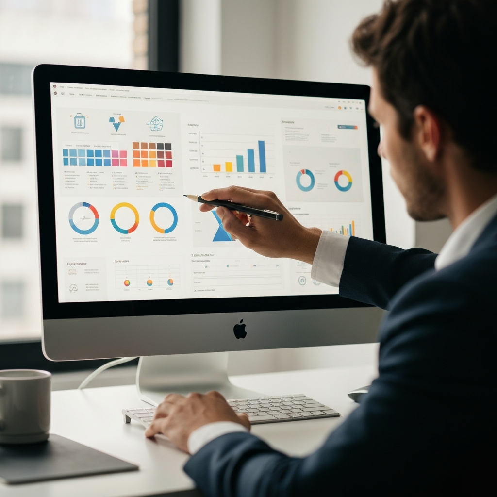 A graphic designer working on a computer, selecting colors and shapes. The screen displays a visually appealing infographic with various charts and icons. The lighting is soft and indirect, highlighting the details of the design process.