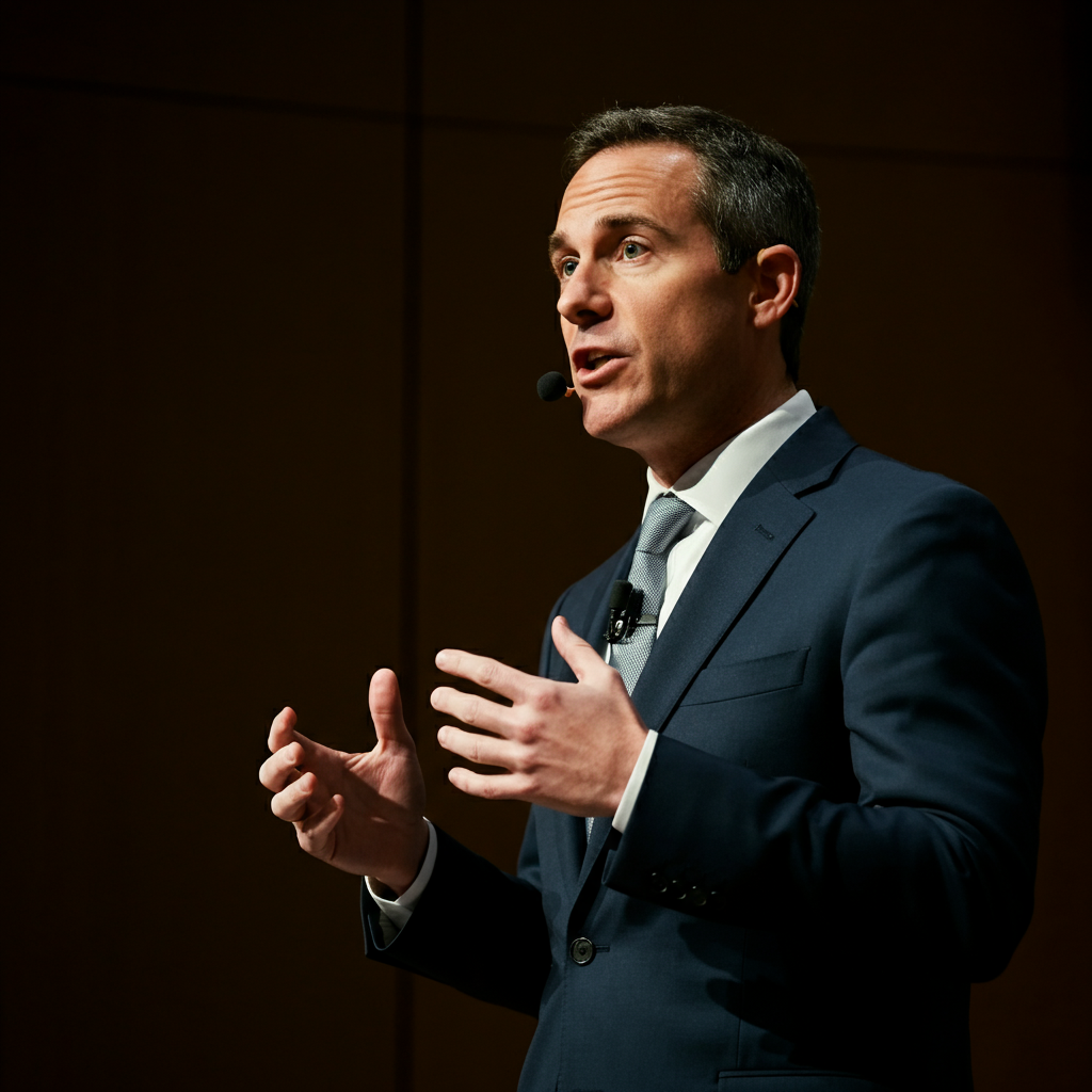 A close-up shot of a professional speaker addressing an audience. The speaker is using hand gestures and maintaining eye contact. The lighting is focused on the speaker, creating a sense of authority and presence.