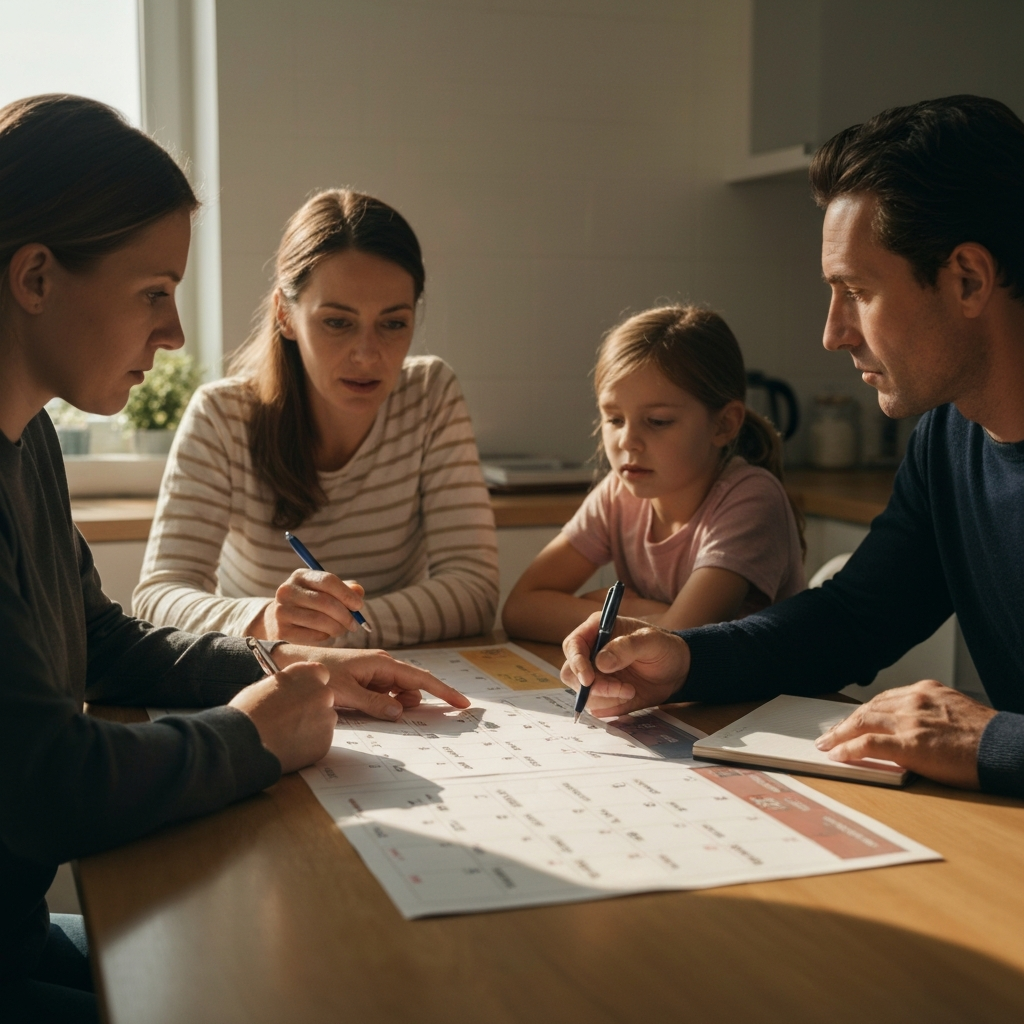 A family of four sits around a kitchen table, illuminated by warm morning light. The mother points to a large printed calendar spread across the table. The father holds a pen and notepad, while the children look on with varying expressions of interest. The scene has shallow depth of field, focusing on the calendar and the mother's hand.