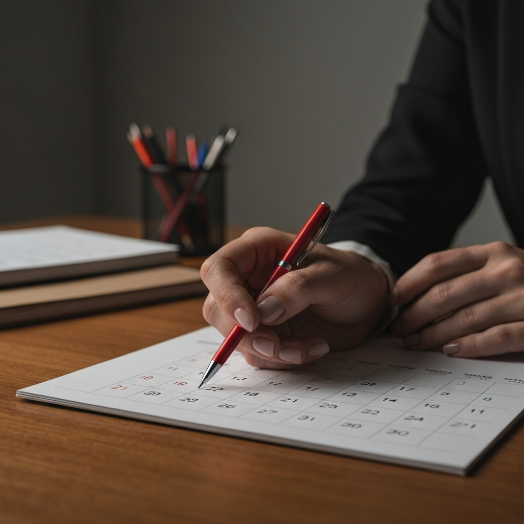 A close-up shot of a woman's hand crossing out an entry on a printed calendar with a red pen. The calendar sits on a wooden desk with a blurred background of office supplies. The lighting is slightly dramatic, emphasizing the act of elimination.