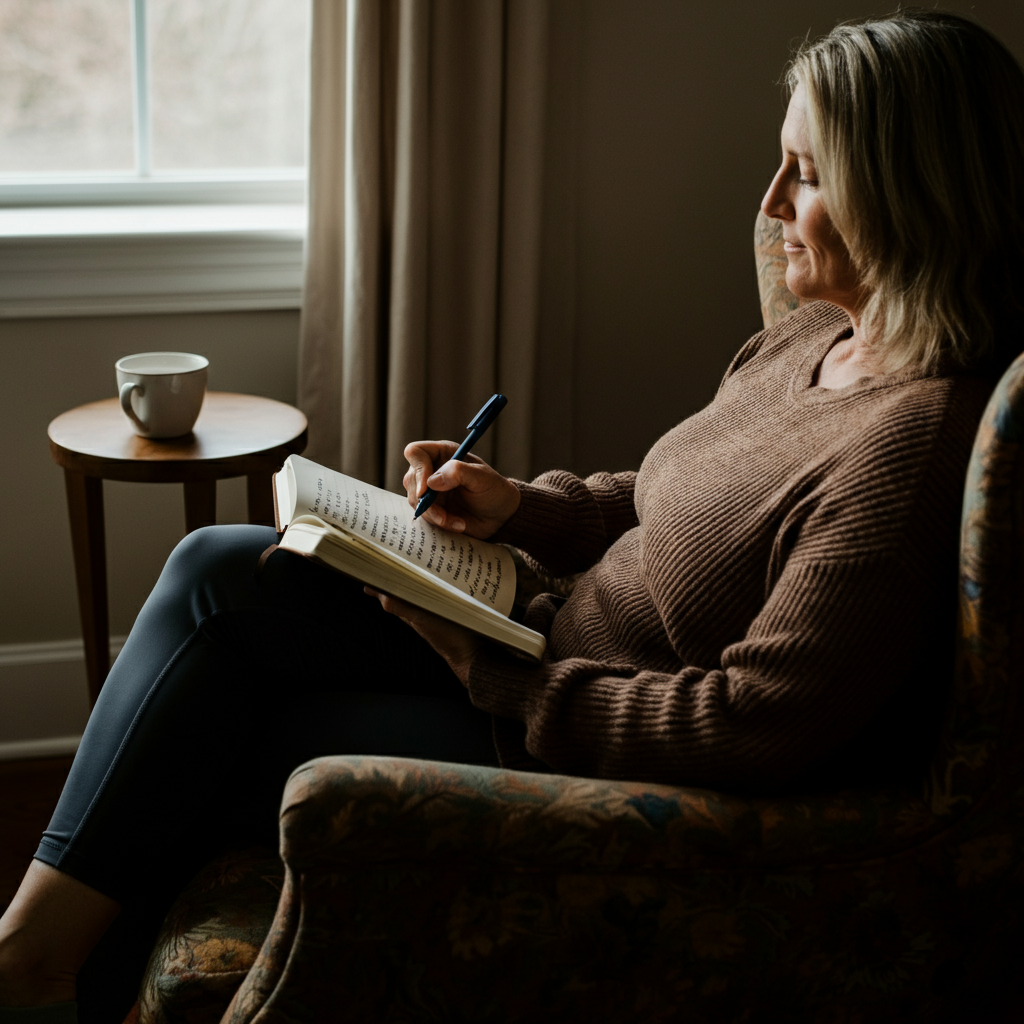 A woman sits in a comfortable armchair, bathed in soft natural light from a nearby window. She holds a journal in her lap and is writing with a pen. The journal is open to a page with a list of handwritten words, partially visible, related to values and goals. A cup of tea sits on a small table next to her.