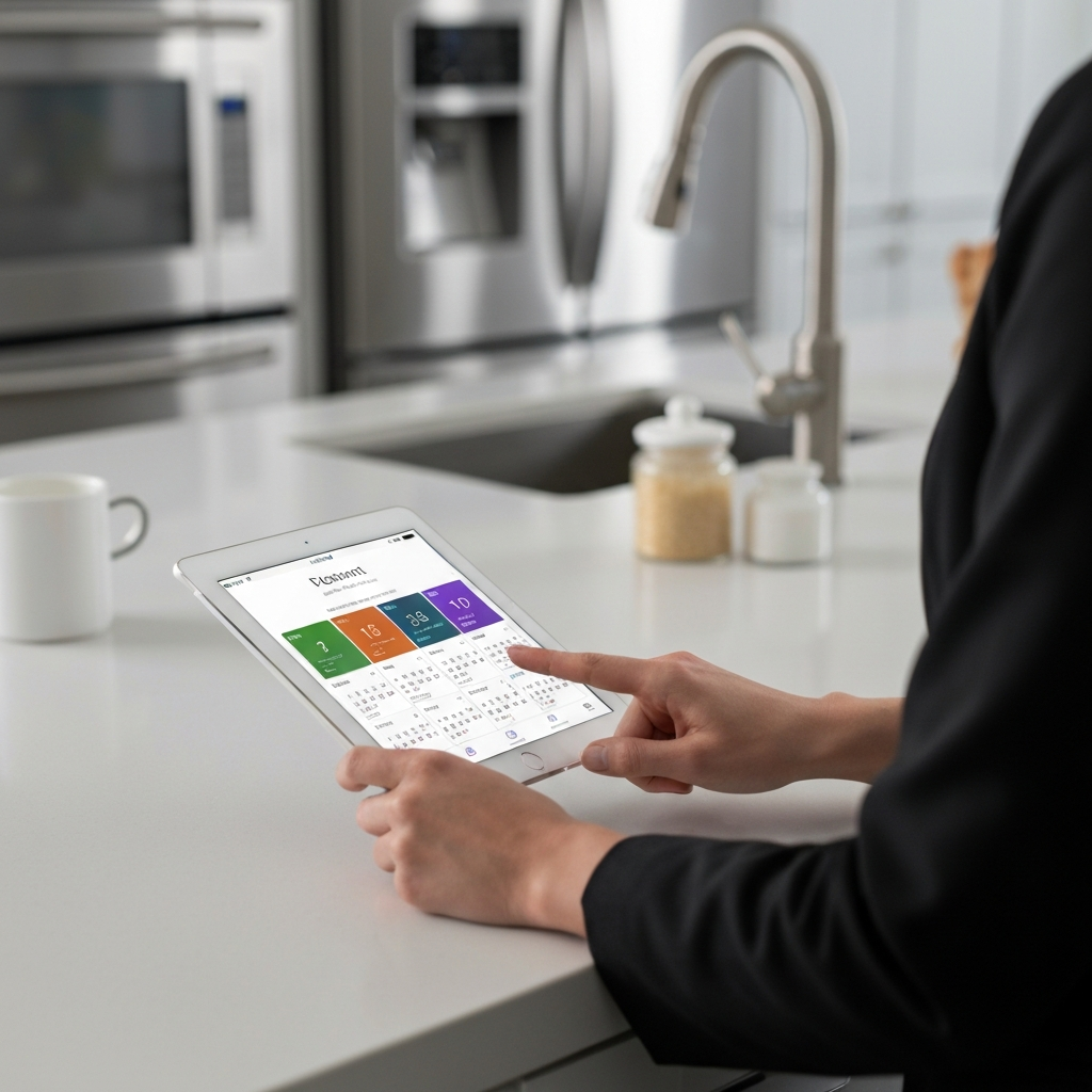 A clean, modern kitchen counter. A tablet displays a brightly colored digital calendar app. A woman's hands are visible, tapping on the screen to add an event. The background is slightly blurred, showing stainless steel appliances and a few decorative elements.