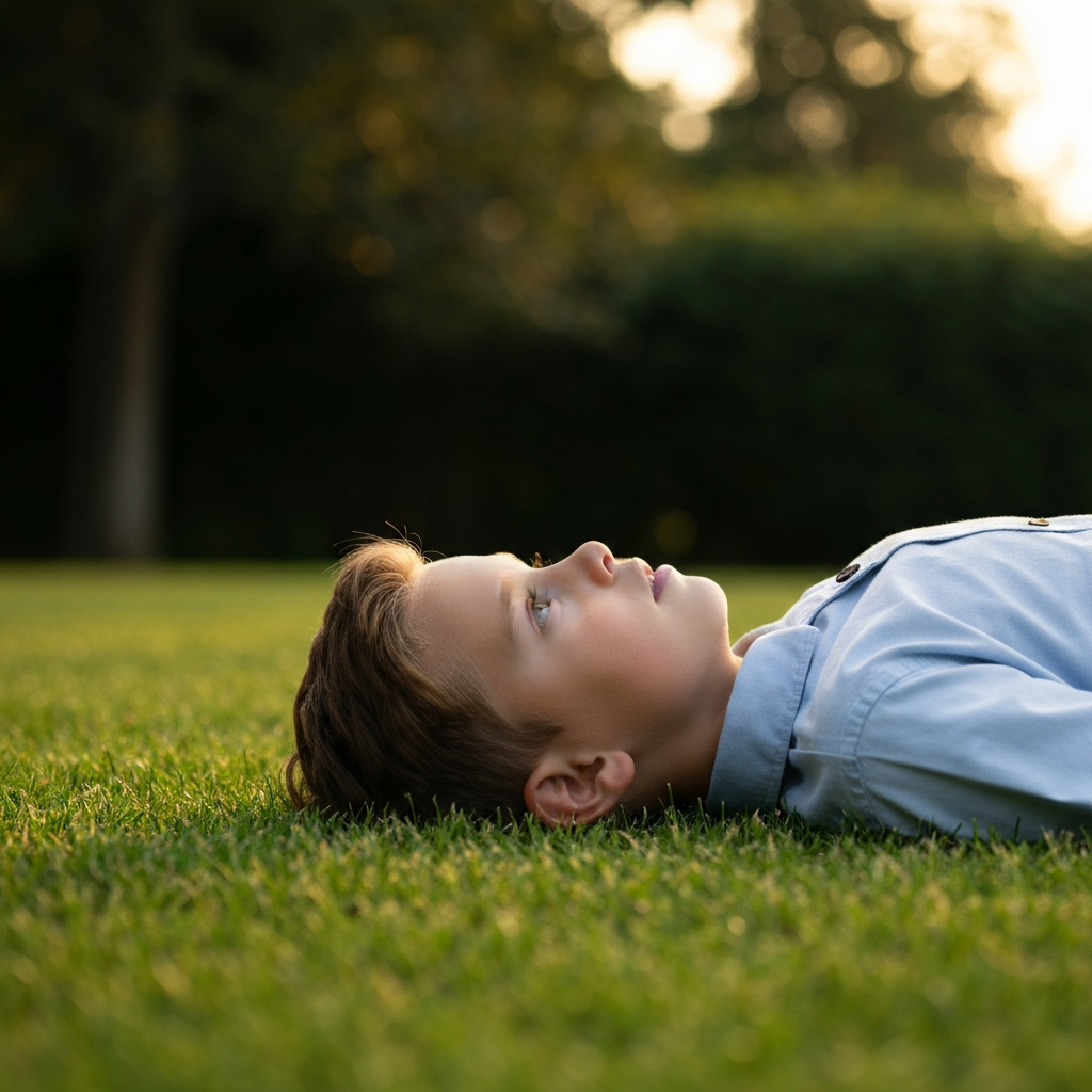 A young boy lies on a grassy lawn, looking up at the sky. Soft golden hour lighting illuminates his face and the surrounding grass. The background is blurred, showing trees and foliage.