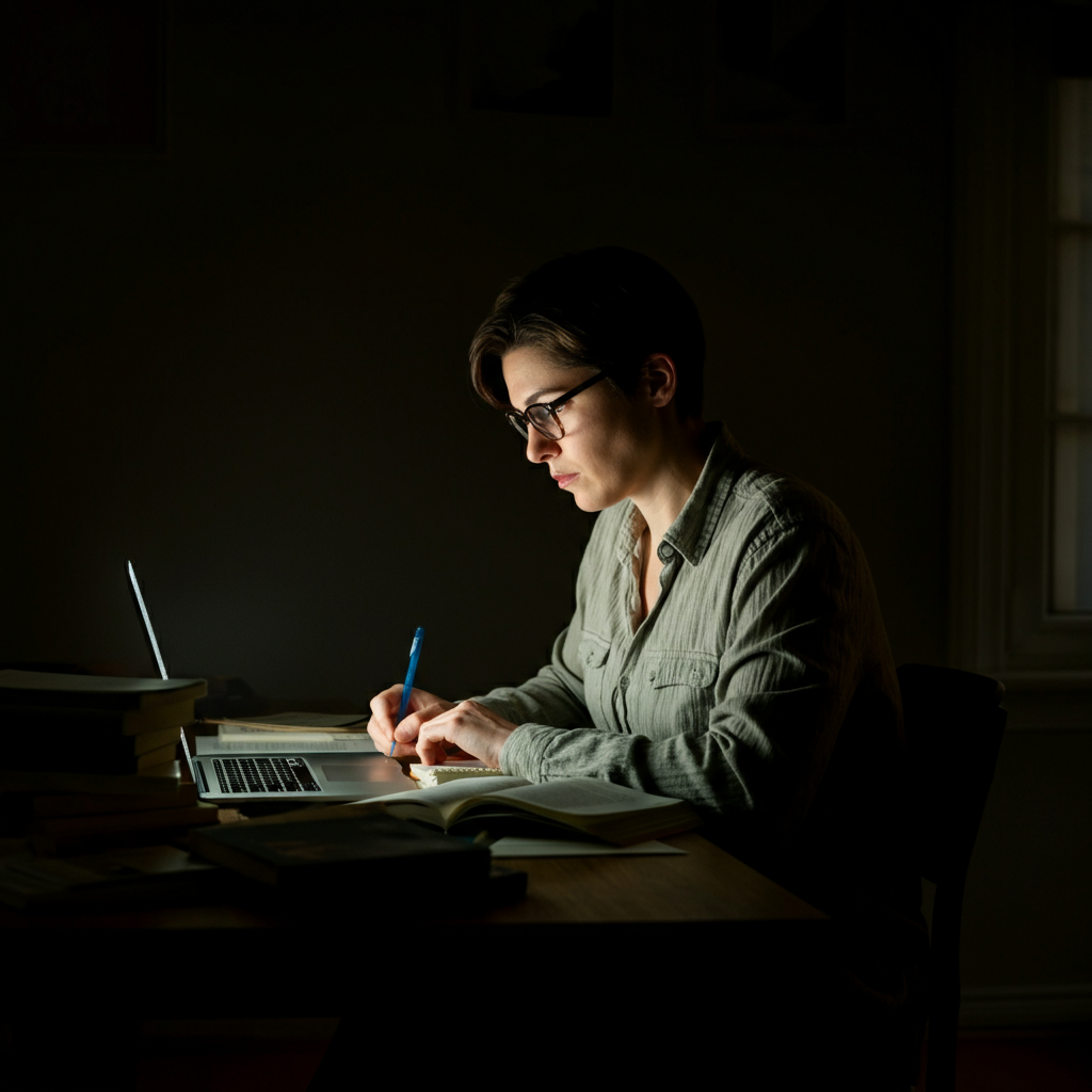 A person sitting at a desk, illuminated by the soft glow of a laptop screen. They're surrounded by books and notes, their face showing focused concentration. The room is softly lit with natural light filtering through a window, casting gentle shadows on the walls.