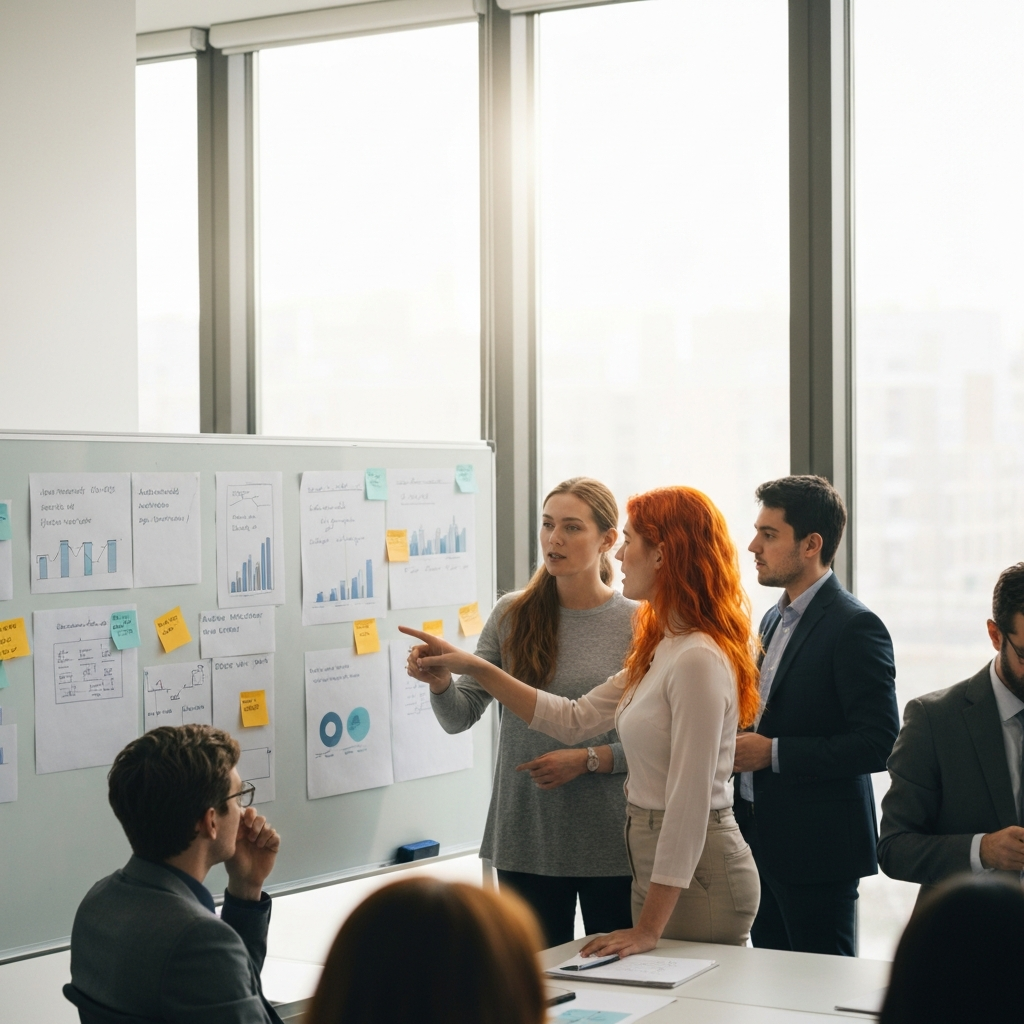 A brightly lit conference room with a large whiteboard covered in diagrams and notes. A small team of professionals is engaged in a lively discussion, gesturing towards the whiteboard. Soft, diffused light streams in from a large window, creating a professional and collaborative atmosphere.