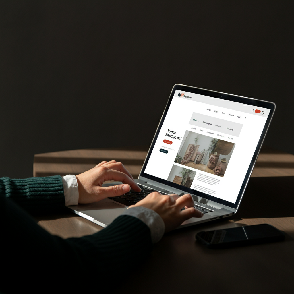 A person working on a laptop in a modern, minimalist office. The screen displays a website with a clean and professional design. Natural light floods the room, creating a bright and inviting workspace.