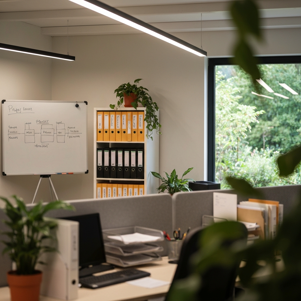 A well-organized office space with clearly labeled folders and a whiteboard displaying a project timeline. Soft, ambient lighting creates a calm and productive atmosphere. Plants are placed strategically around the room, adding a touch of nature.