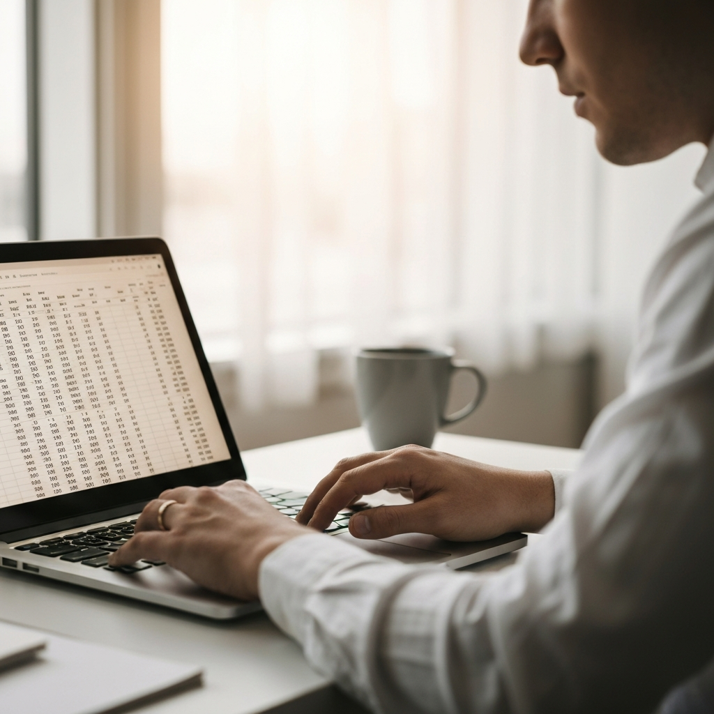A close-up shot of a person's hands working on a laptop, with a spreadsheet displayed on the screen. The numbers are clear and organized, and the person's expression is focused and analytical. Soft, warm light creates a sense of financial security and competence.