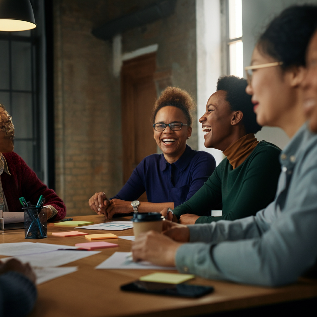 A group of professionals sitting around a table in a modern office, engaged in a brainstorming session. They are laughing and collaborating, with papers and laptops scattered around the table. The room is brightly lit with natural light, creating a vibrant and energetic atmosphere.