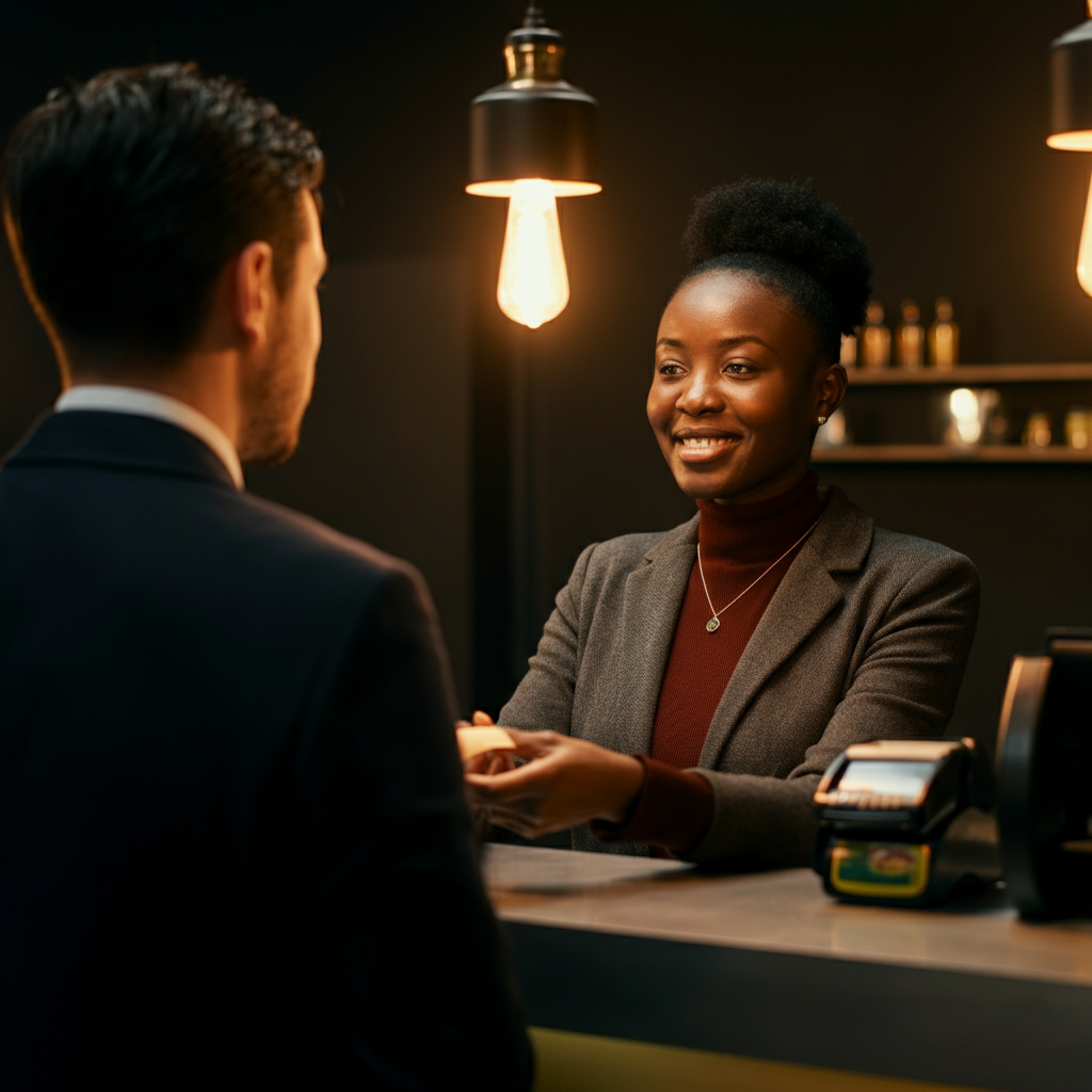 A person interacting with a customer at a checkout counter. The person is smiling and making eye contact, providing attentive and friendly service. The lighting is warm and inviting, creating a welcoming atmosphere.