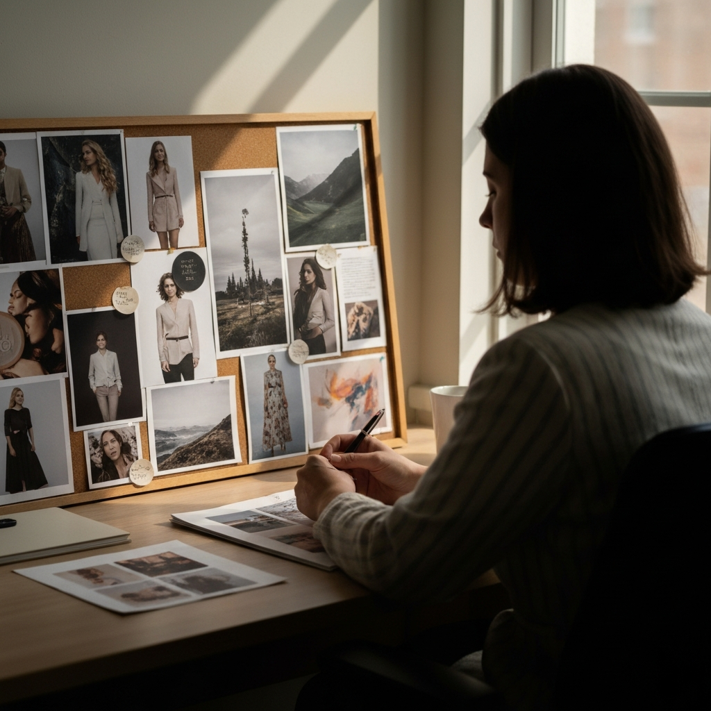 A person sits at a desk with a vision board covered in various images – fashion clippings, nature photography, abstract art. Soft, natural light streams in from a nearby window, illuminating the textures of the corkboard and paper. Focus is on the variety of images and the thoughtful arrangement.