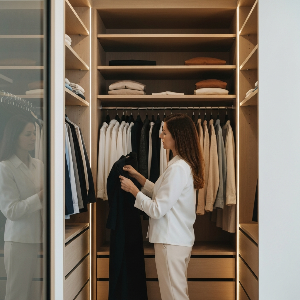 A woman stands in front of an open closet, carefully examining a garment. The closet is organized by color, and the lighting is bright and even. Focus is on the textures of the fabrics and the woman's thoughtful expression.