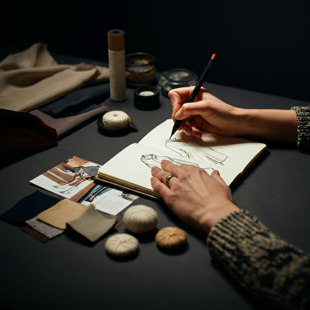 A person is sketching in a notebook, surrounded by fabric swatches and style inspiration images. The lighting is soft and focused, highlighting the details of the sketches and materials. Focus is on the creative process and the developing style guide.