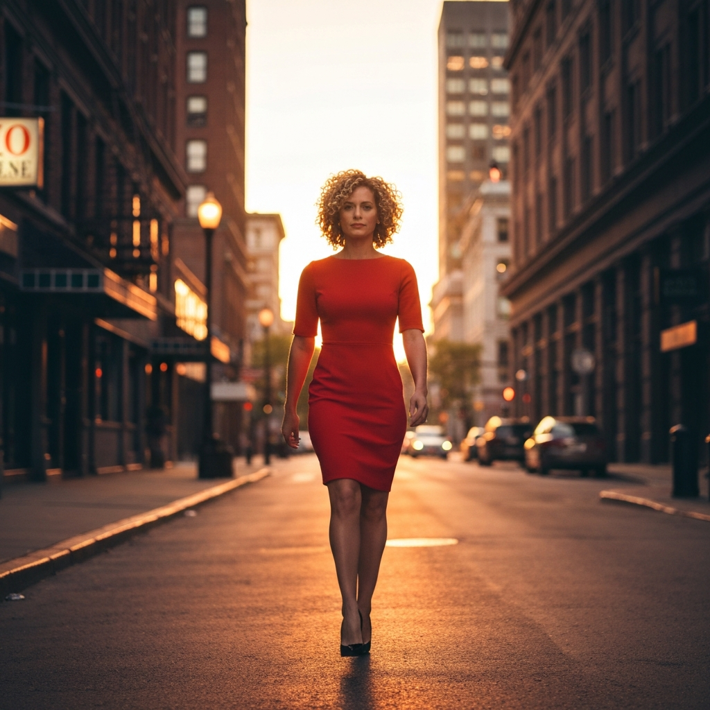 A person is smiling confidently, wearing a stylish outfit and walking down a city street. The lighting is golden hour, casting a warm glow on the scene. Focus is on the person's confident posture and the way their style reflects their personality.