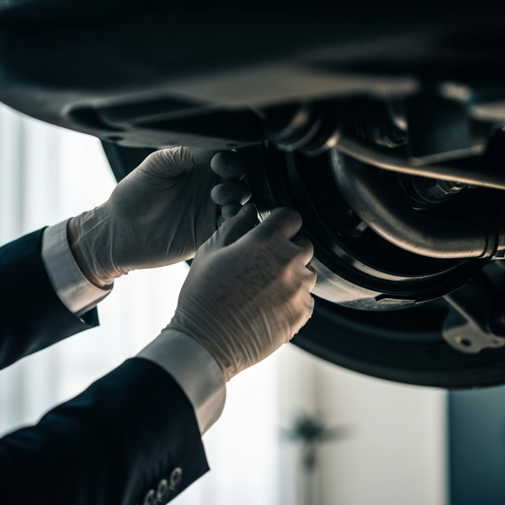 A close-up shot of gloved hands carefully inspecting the underside of a car. The light is side-lit, highlighting the textures of the metal and rubber components.