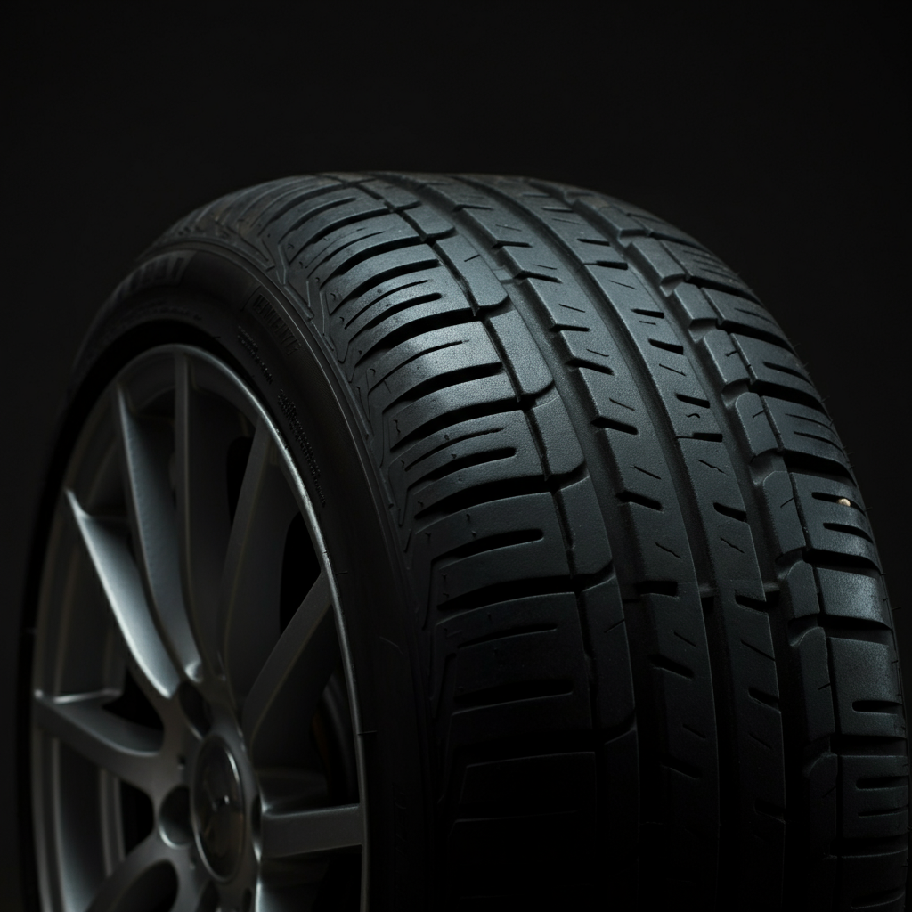 A close-up of a car tire, showing the tire tread and sidewall. The image is sharply focused, with the background slightly blurred.