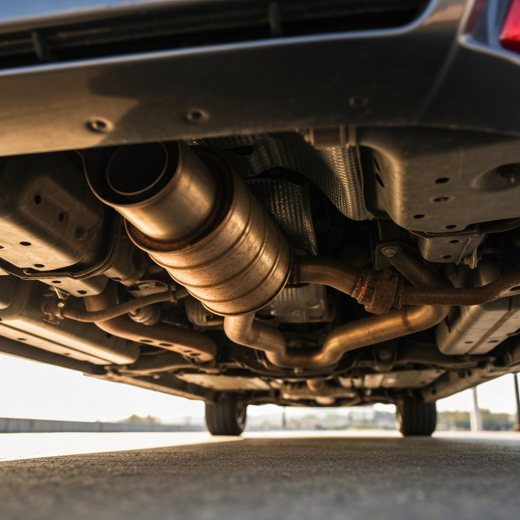 Close-up of a rusty exhaust pipe underneath a car. The image is lit with a warm, golden light, emphasizing the texture of the rust.