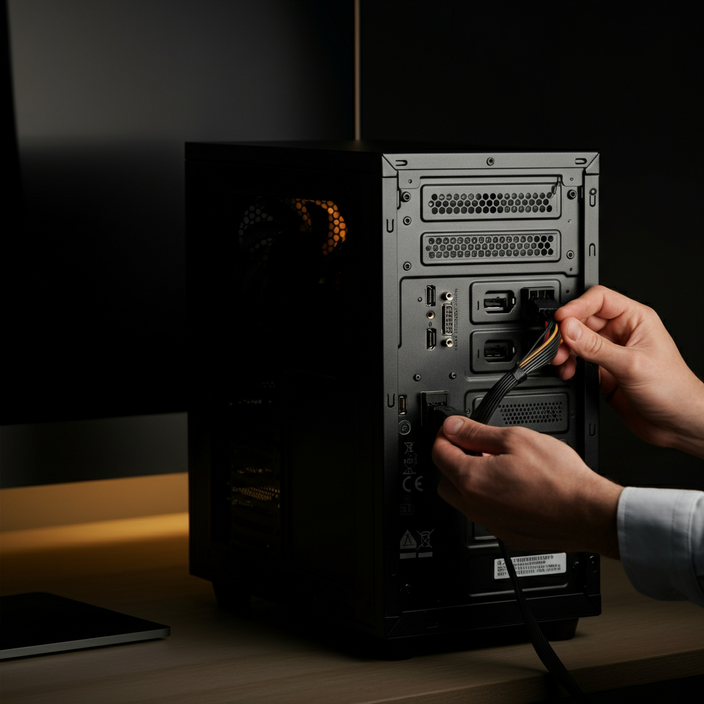 A medium shot of hands checking the power cable connection on the back of a computer tower. The lighting is warm and focused, highlighting the cable and port.