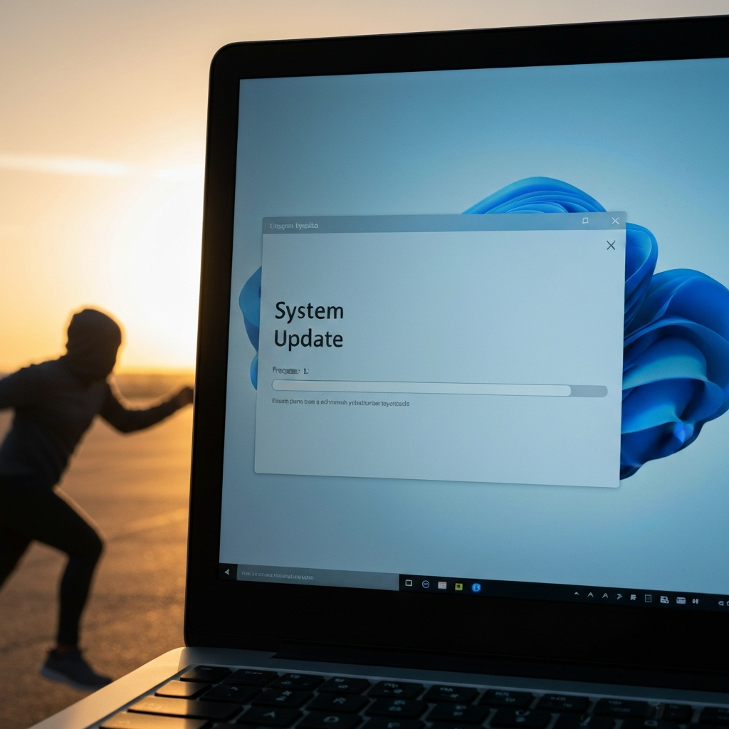 A laptop screen displaying the "System Update" window, with a progress bar indicating the installation process. The lighting is cool and even, reflecting off the screen.