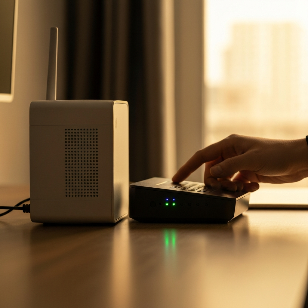 A desk with a modem and router, side-lit with golden hour lighting, showcasing the textures of the plastic casing and indicator lights. A hand is gently reaching for the power cord.