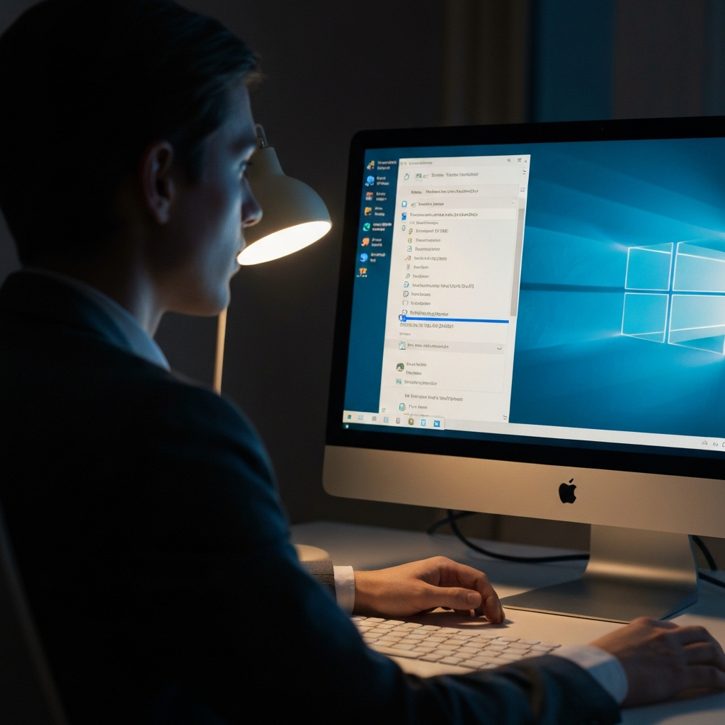 A computer screen displaying the Windows Task Manager, with a problematic application highlighted. The lighting is focused on the screen, casting a soft glow on the surrounding workspace.