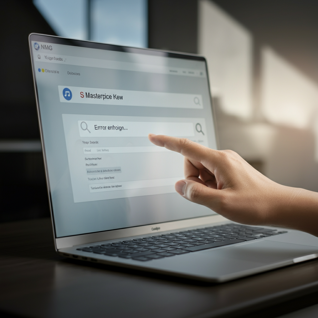A hand typing an error message into a search engine on a computer screen. The background is slightly blurred, focusing attention on the screen and the act of searching.