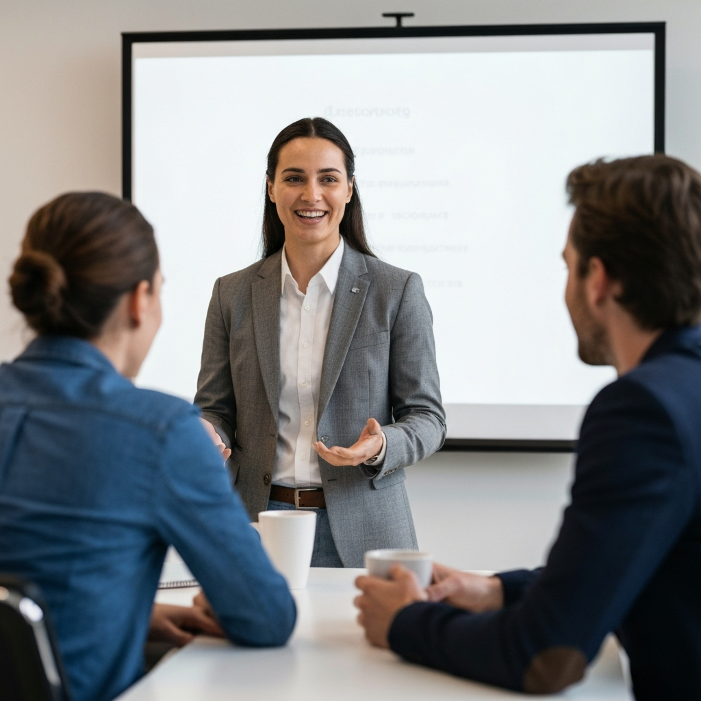 A brightly lit office. A presenter in a tailored blazer is engaged in a friendly conversation with two attendees over coffee before a presentation. Soft bokeh blurs the background, focusing on the genuine interaction.