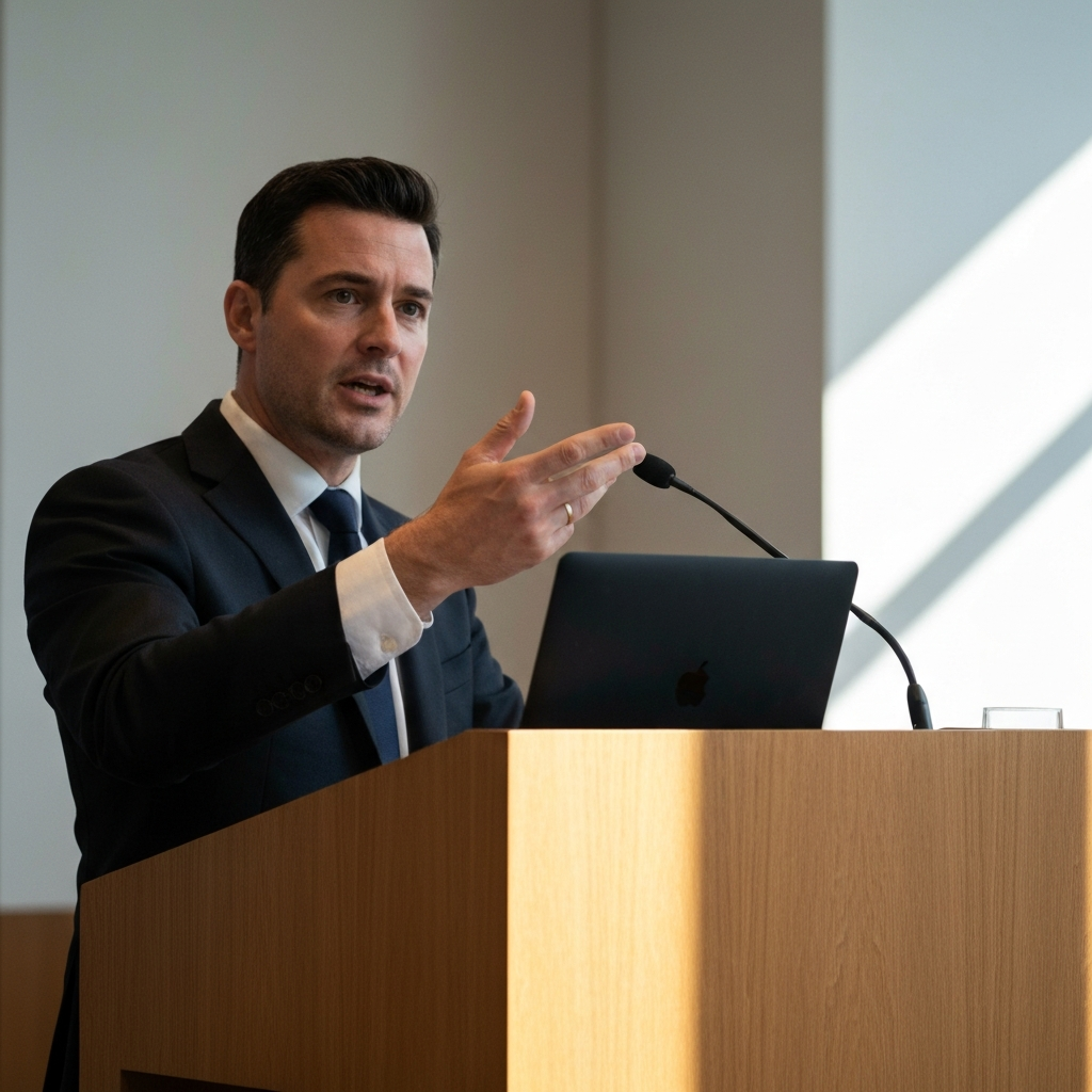 Close-up of a hand gesturing emphatically while speaking at a conference podium. Warm, directional light highlights the texture of the wooden podium and the speaker's confident expression.