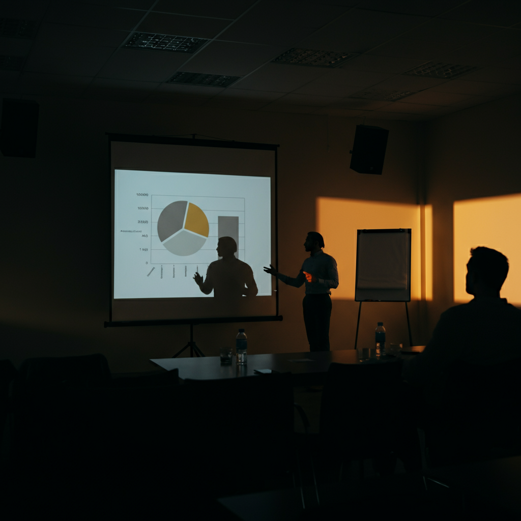 A partially darkened conference room. A presenter stands beside a projection screen displaying a minimalist slide with a single, impactful graph. Soft light emanates from the screen, illuminating the presenter's silhouette.