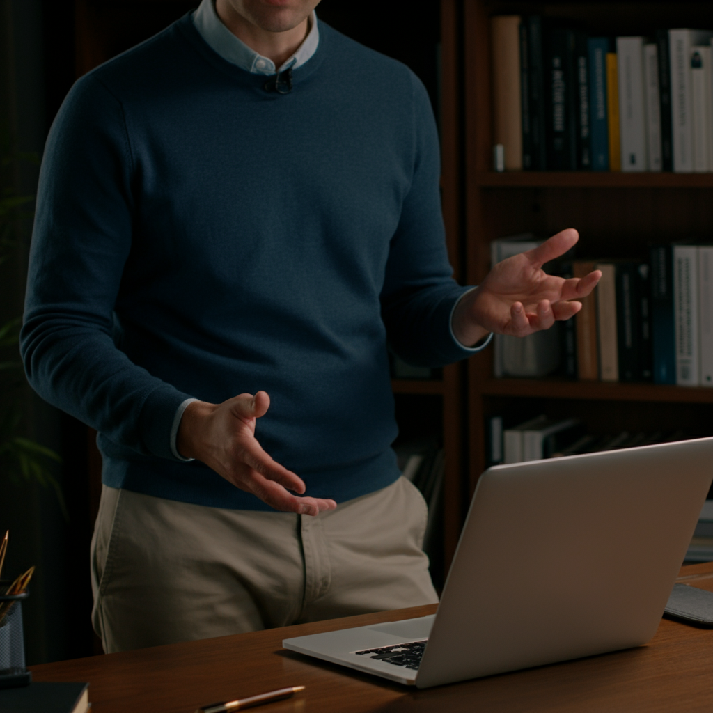 A well-lit home office. A person in business casual attire stands practicing a presentation in front of a laptop, gesturing naturally. A bookshelf filled with books provides a soft background.