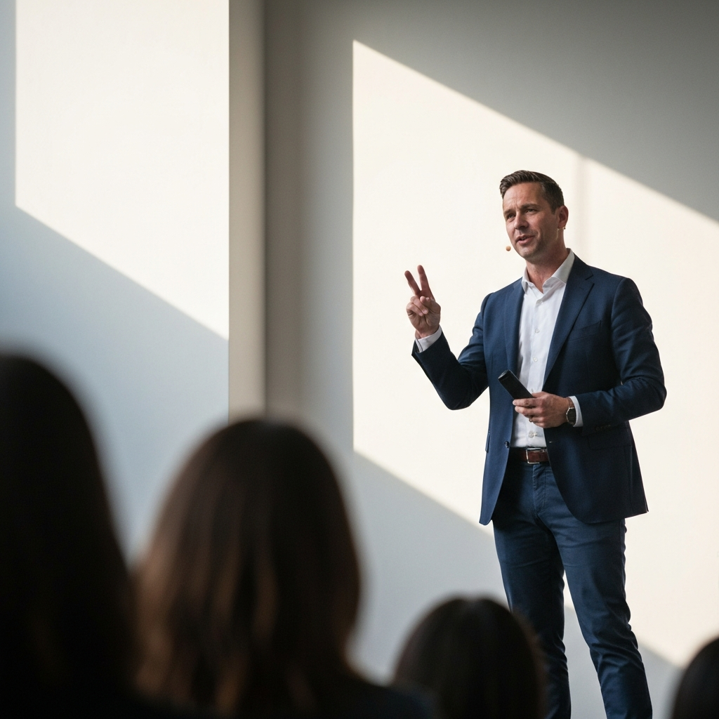 A speaker standing confidently on a stage, making eye contact with the audience and using a hand gesture to emphasize a point. The background is slightly blurred, highlighting the speaker's posture and expression.