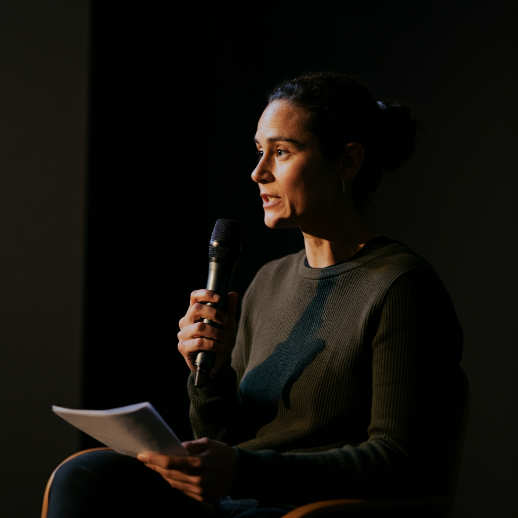 A presenter answering a question during a Q&A session. They are listening intently to the questioner, holding a microphone in one hand. Soft lighting emphasizes the professional and respectful atmosphere.