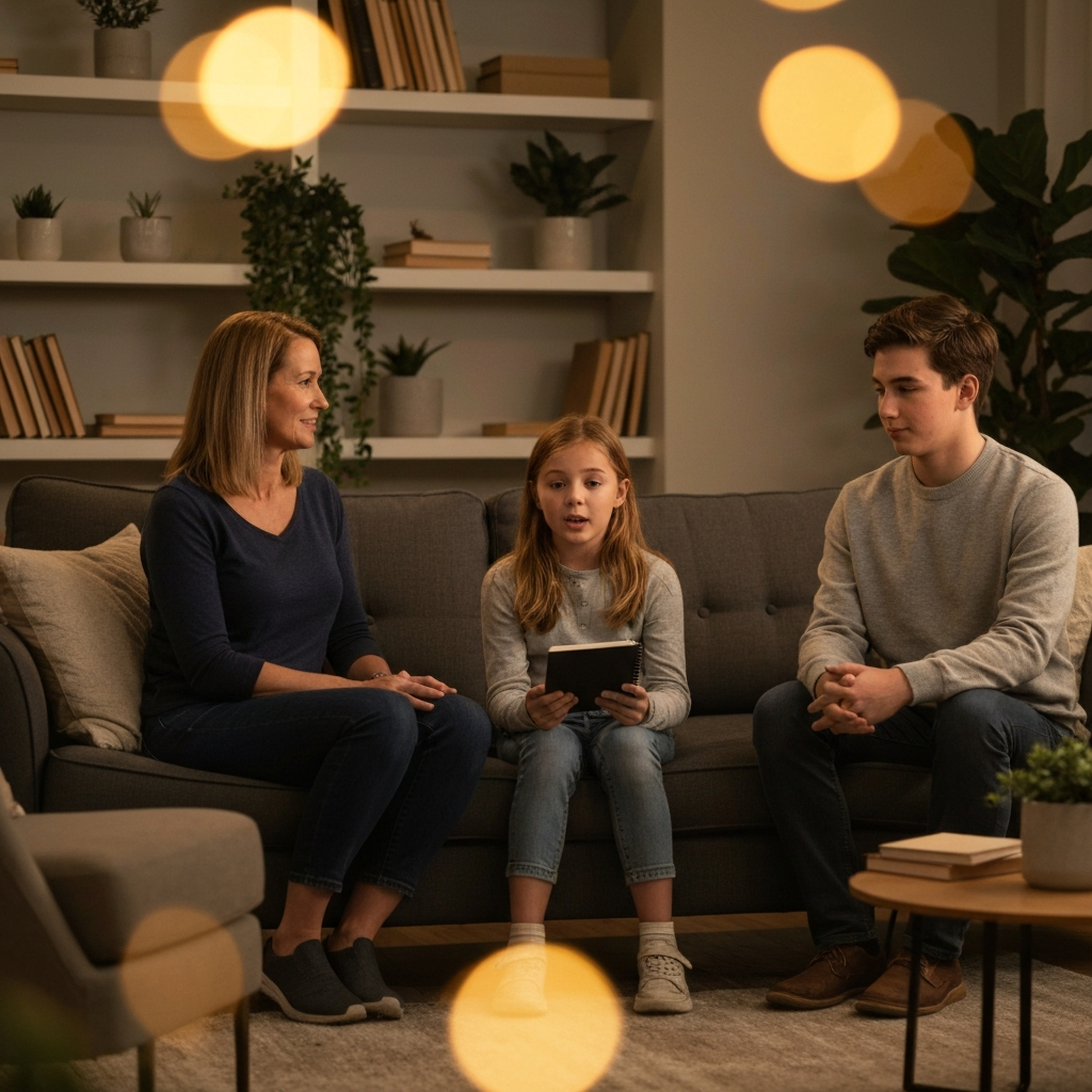 A warmly lit living room at dusk. Soft bokeh highlights family members seated comfortably on a plush sofa and armchairs. The focus is on a young girl speaking confidently while holding a small notebook. Her parents and a teenage boy listen attentively. Bookshelves and potted plants add texture to the background.
