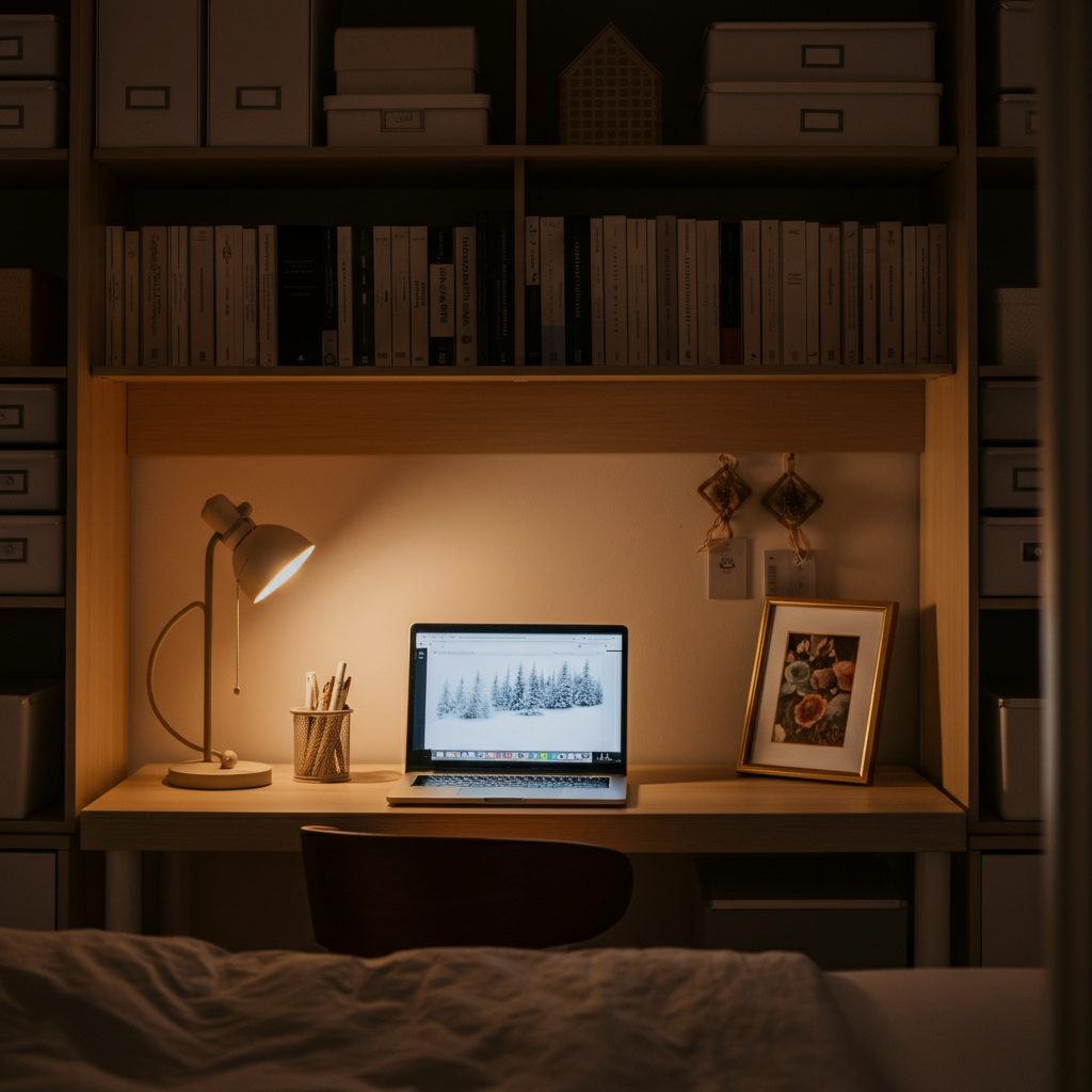 A softly lit bedroom featuring a desk with a laptop, surrounded by organized shelves filled with books and personal items. The room has a calming color palette with natural light streaming through a window. Focus is on a partially visible framed picture on the desk.