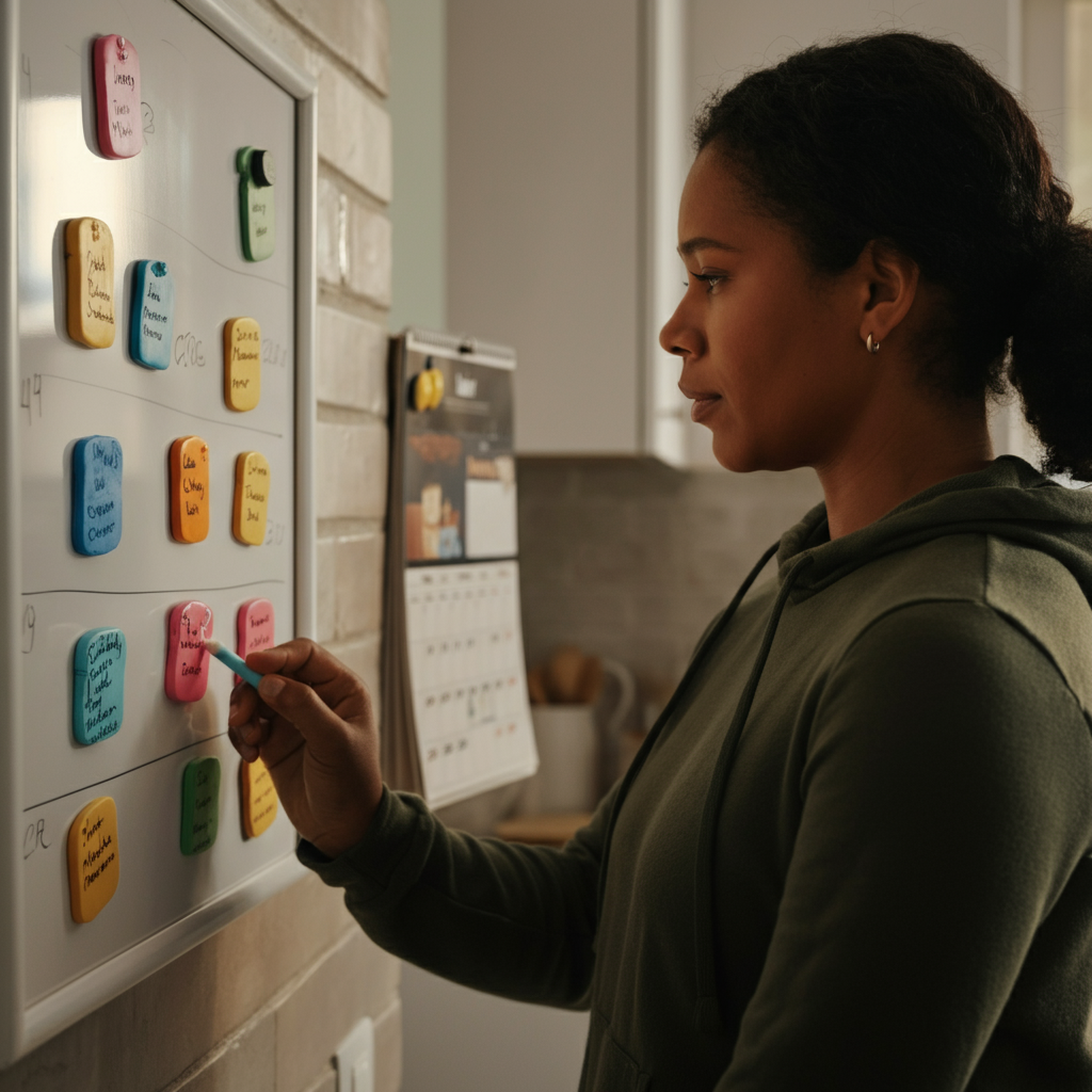 A bright, airy kitchen with a white board displaying a colorful chore chart. Close-up shot of magnets with family members' names assigned to various tasks. A calendar is visible in the background, marked with important dates.