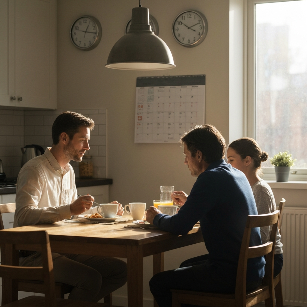 A softly lit kitchen during breakfast. Focus is on a family eating together at a wooden table. Sunlight streams through a window, illuminating the scene. Clocks and calendars are visible in the background, subtly suggesting the importance of routines.