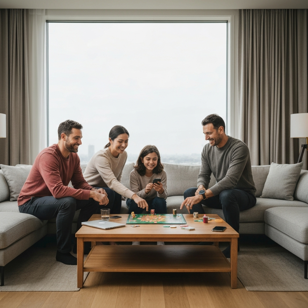 A warmly lit living room with a family playing a board game together on a coffee table. Laptops and smartphones are visible, neatly placed aside on a side table, but not in use. Focus is on the smiles and interaction between family members.
