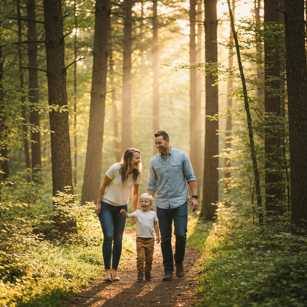 Golden hour lighting highlights a family hiking through a forest. They are laughing and pointing at something in the distance. Focus is on the natural beauty of the scenery and the joy of shared experience.