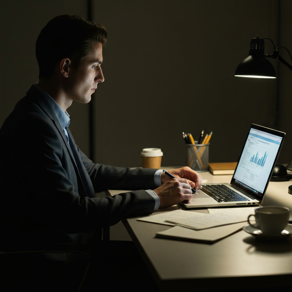 A person sitting at a desk, illuminated by the soft glow of a laptop screen, with scattered notes and a partially filled coffee cup nearby. The room is dimly lit, creating a focused atmosphere.