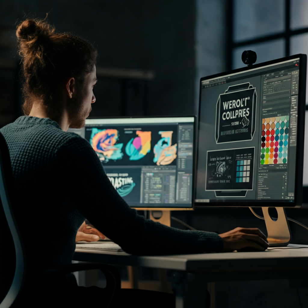 A graphic designer working on a computer, with multiple screens displaying various logo designs and color palettes. The room is brightly lit, showcasing the vibrant colors and textures of the design elements.