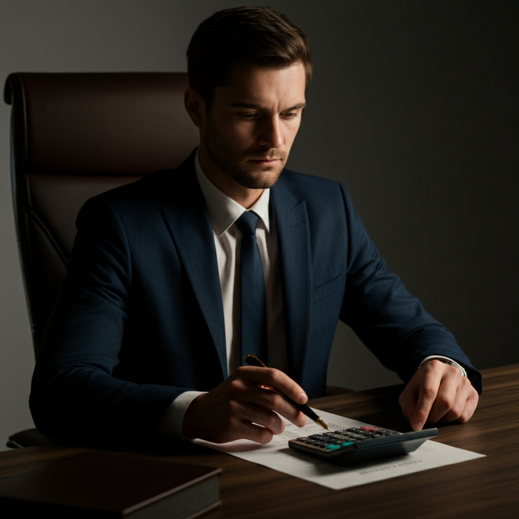 A businessman in a suit sits at his desk, looking intently at financial statements with a calculator nearby. The lighting is warm and professional, highlighting the textures of the suit and the leather desk.