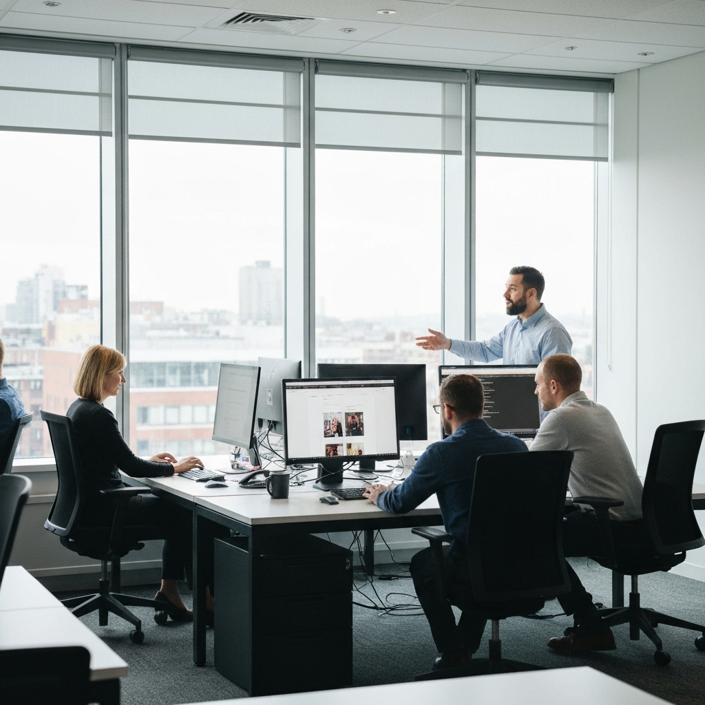 A modern office space with large windows overlooking a cityscape. Several employees are working at their computers, with one person gesturing towards a website design on their screen during a team meeting.