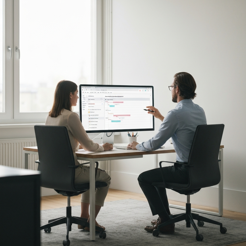An office worker using project management software on a large monitor, showcasing Gantt charts and task assignments. The room is organized and well-lit, emphasizing the efficiency and structure of the workspace.