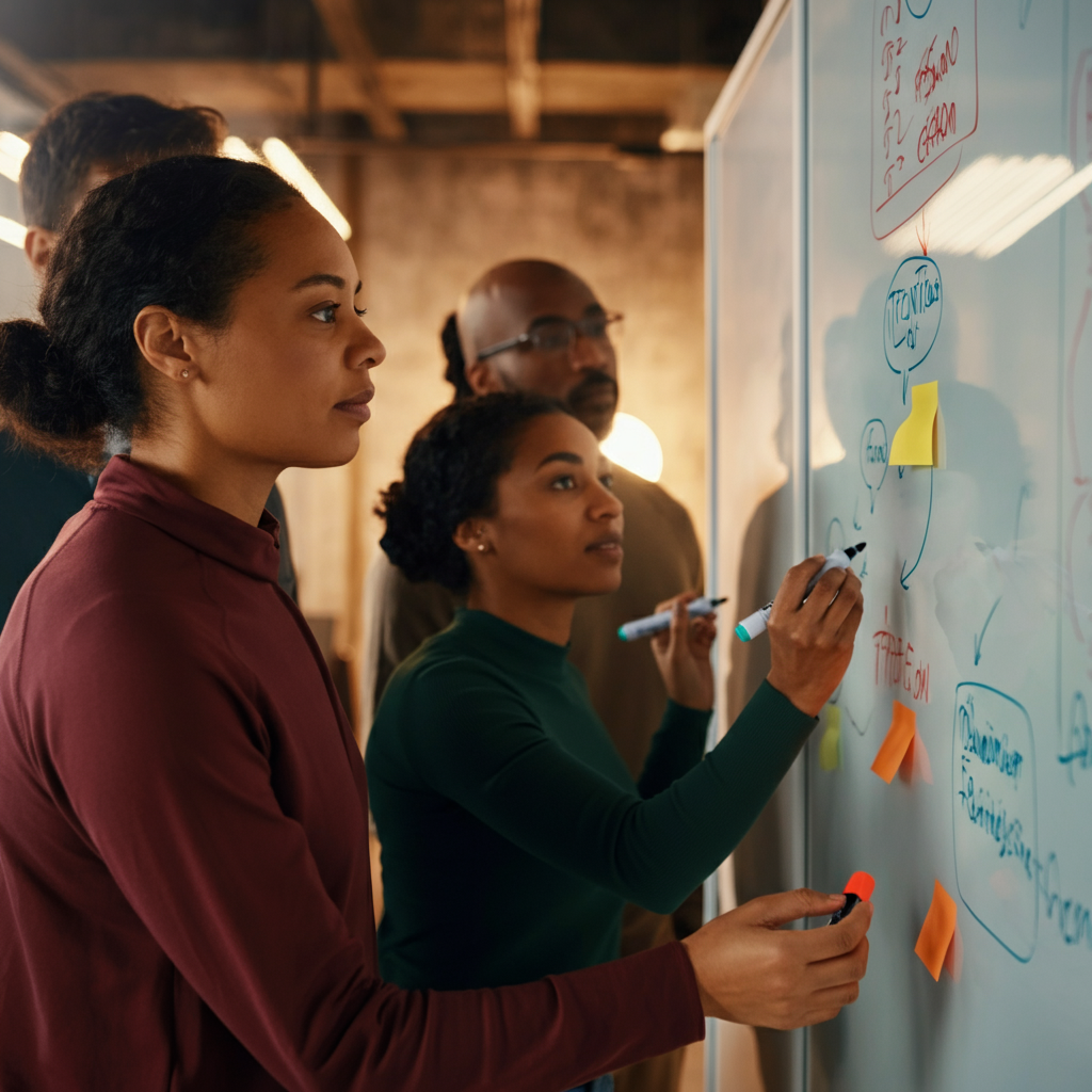 A team of professionals collaborating in a modern office, brainstorming ideas on a whiteboard with colorful markers. The atmosphere is energetic and positive, with everyone actively participating.