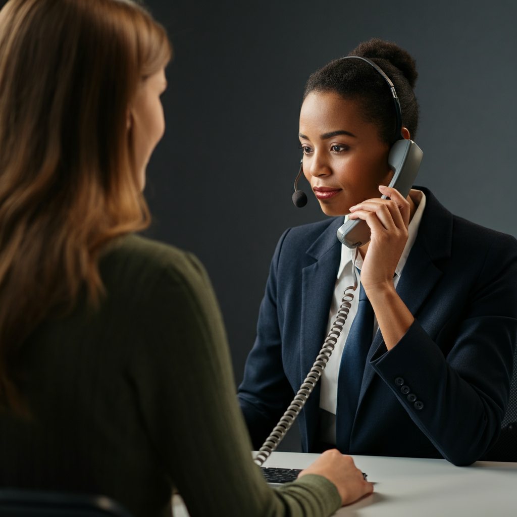 A customer service representative assisting a customer on the phone with a headset, displaying empathy and professionalism. The background is clean and organized, reinforcing the focus on customer care.