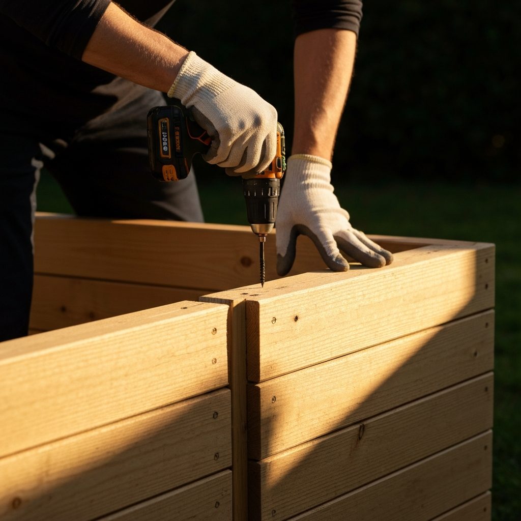 A close-up shot of textured wooden planks being assembled to form a raised garden bed. Golden hour lighting casts long shadows, highlighting the wood grain. A pair of gloved hands carefully secures a screw with a cordless drill.